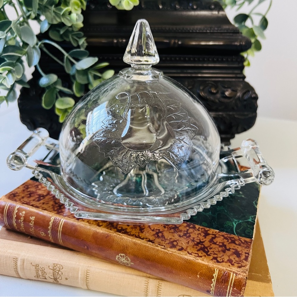 Vintage Adams & Co Domed Butter Cheese Dish 2 Pc Clear Pressed Glass Pear Motif